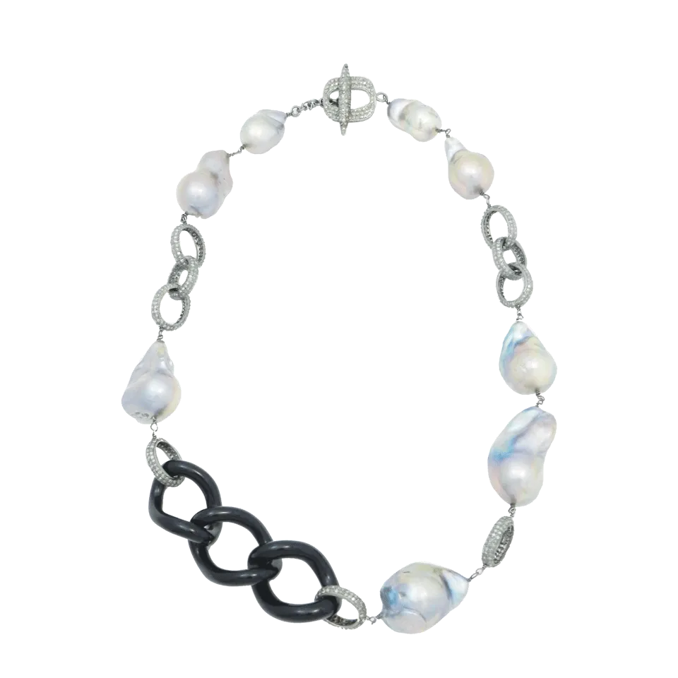 Agate-Link Pearl and Diamond Necklace
