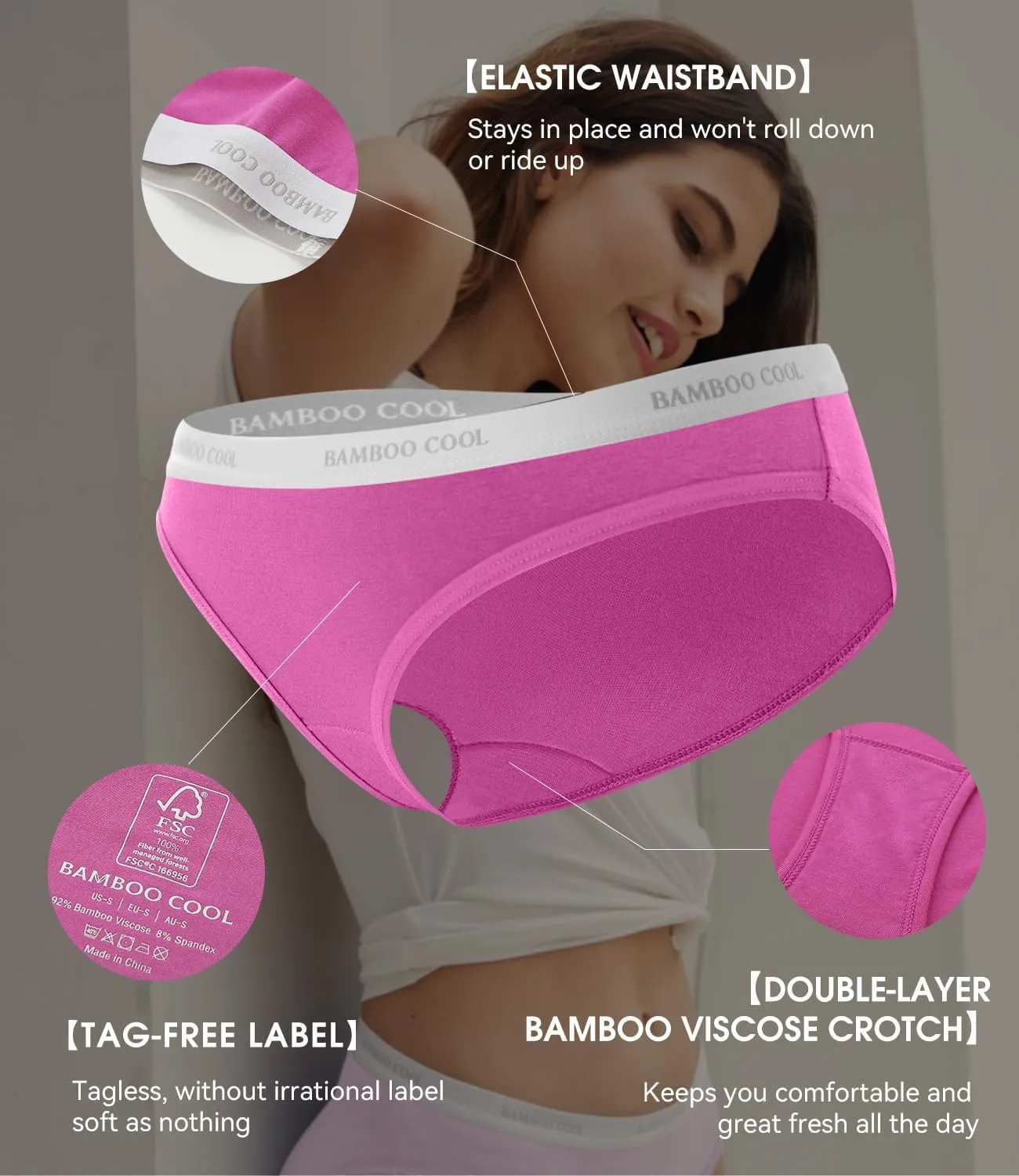 BAMBOO COOL Womens Underwear Soft Bikini High Cut Panties Stretch Moisture Wicking Panties for Women, 5-Pack