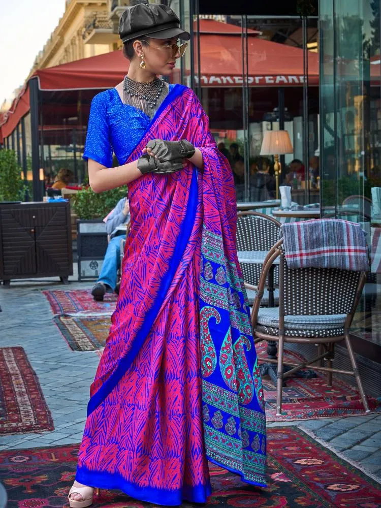 Blue Print Satin Crape Saree