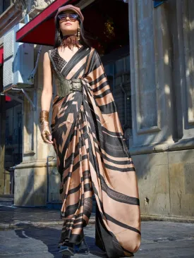 Brown Print Satin Crape Saree