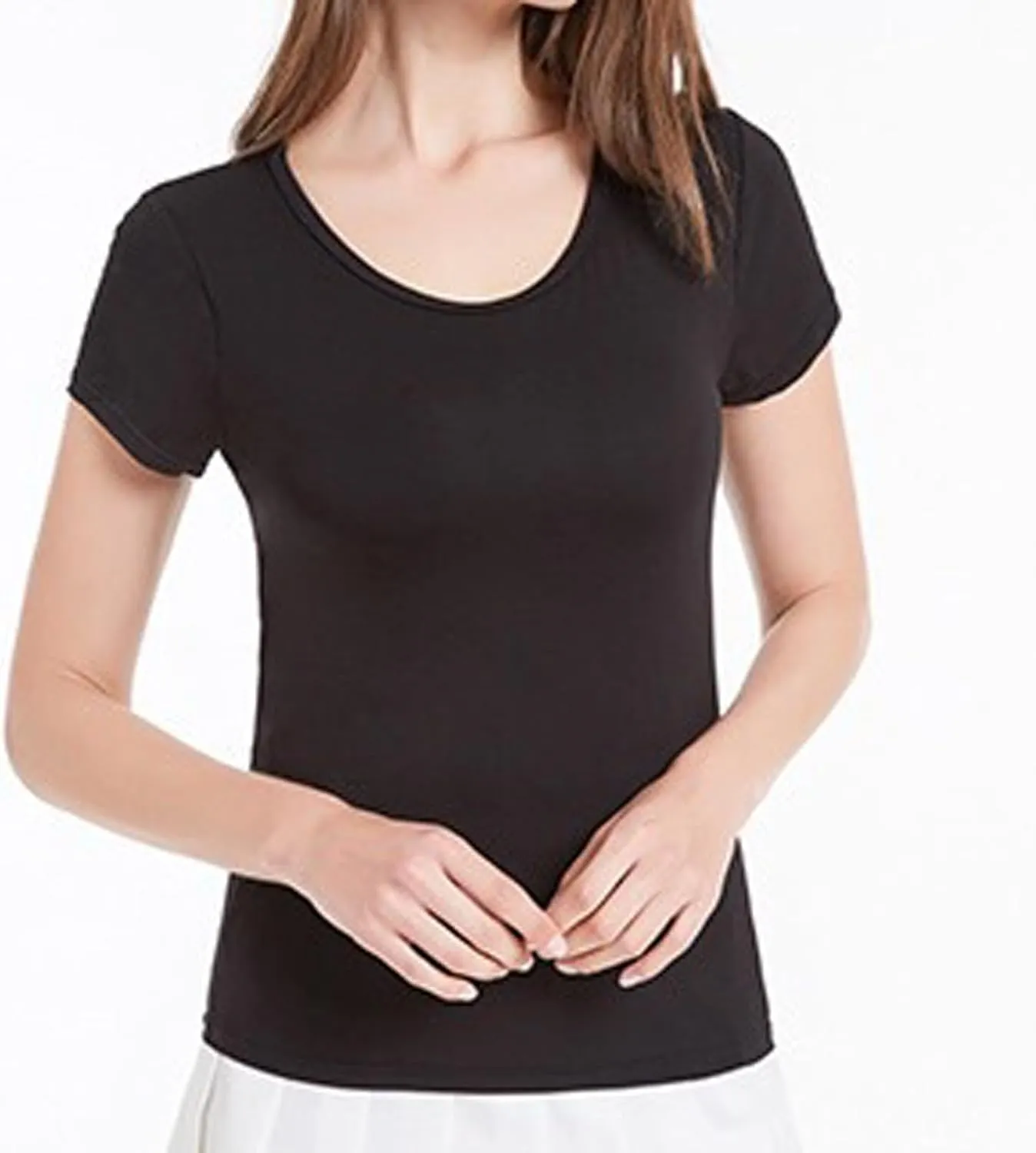 Built in Bra Tops for Women Padded Active Yoga T-Shirt Short Sleeve Plain Blouses Pajama Casual Workout Shirts 2 Pack