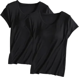 Built in Bra Tops for Women Padded Active Yoga T-Shirt Short Sleeve Plain Blouses Pajama Casual Workout Shirts 2 Pack