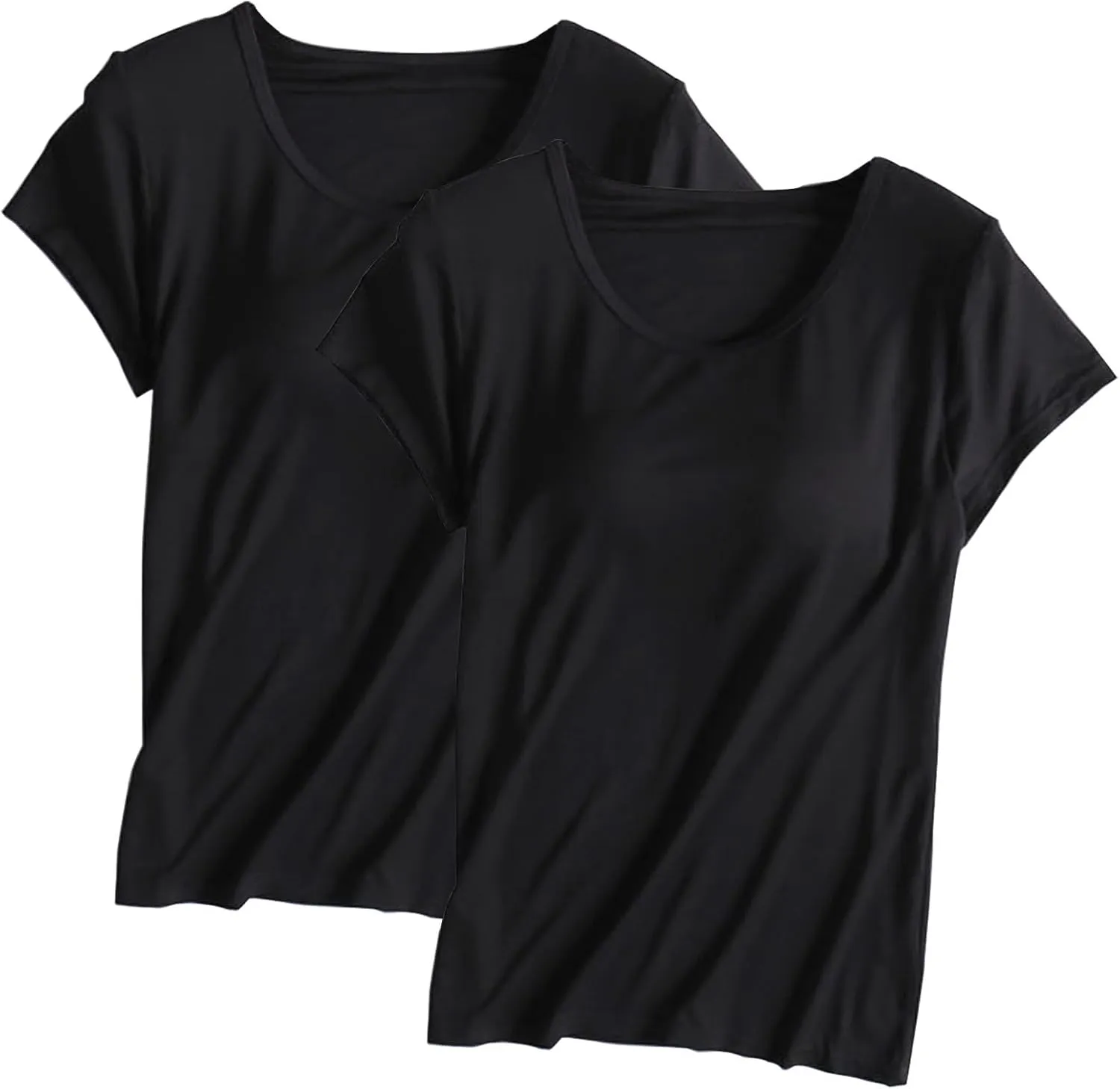 Built in Bra Tops for Women Padded Active Yoga T-Shirt Short Sleeve Plain Blouses Pajama Casual Workout Shirts 2 Pack