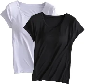 Built in Bra Tops for Women Padded Active Yoga T-Shirt Short Sleeve Plain Blouses Pajama Casual Workout Shirts 2 Pack