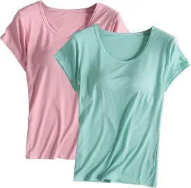 Built in Bra Tops for Women Padded Active Yoga T-Shirt Short Sleeve Plain Blouses Pajama Casual Workout Shirts 2 Pack