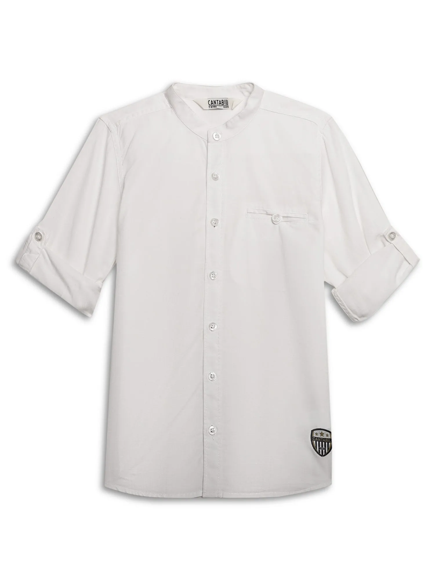 Cantabil Boys White Solid Plain Full Sleeves Band Collar Shirt with Welt Pocket