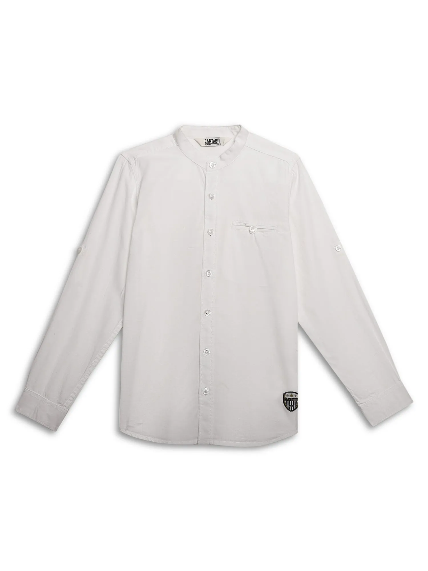 Cantabil Boys White Solid Plain Full Sleeves Band Collar Shirt with Welt Pocket