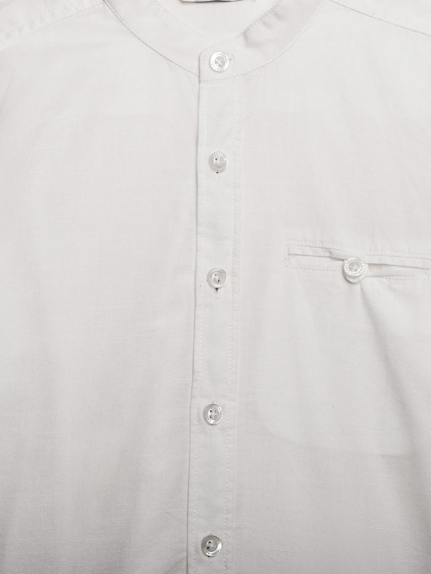 Cantabil Boys White Solid Plain Full Sleeves Band Collar Shirt with Welt Pocket
