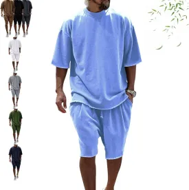Casual Loose Fit Solid Sports Sets for Men, Summer Short Sleeve Crew Neck T-Shirt Drawstring Jogging Shorts Sets