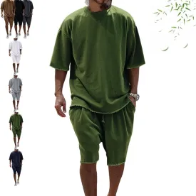 Casual Loose Fit Solid Sports Sets for Men, Summer Short Sleeve Crew Neck T-Shirt Drawstring Jogging Shorts Sets