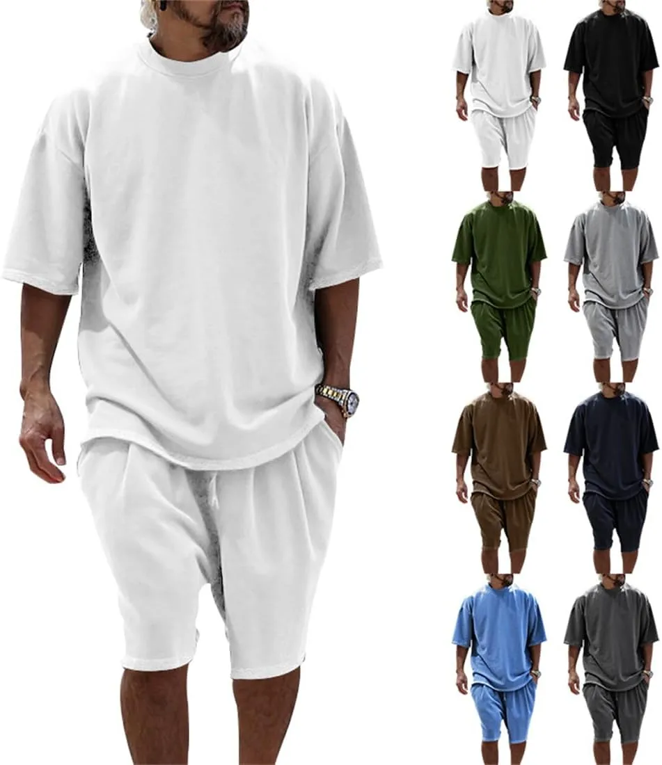 Casual Loose Fit Solid Sports Sets for Men, Summer Short Sleeve Crew Neck T-Shirt Drawstring Jogging Shorts Sets