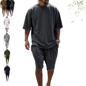 Casual Loose Fit Solid Sports Sets for Men, Summer Short Sleeve Crew Neck T-Shirt Drawstring Jogging Shorts Sets