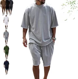 Casual Loose Fit Solid Sports Sets for Men, Summer Short Sleeve Crew Neck T-Shirt Drawstring Jogging Shorts Sets