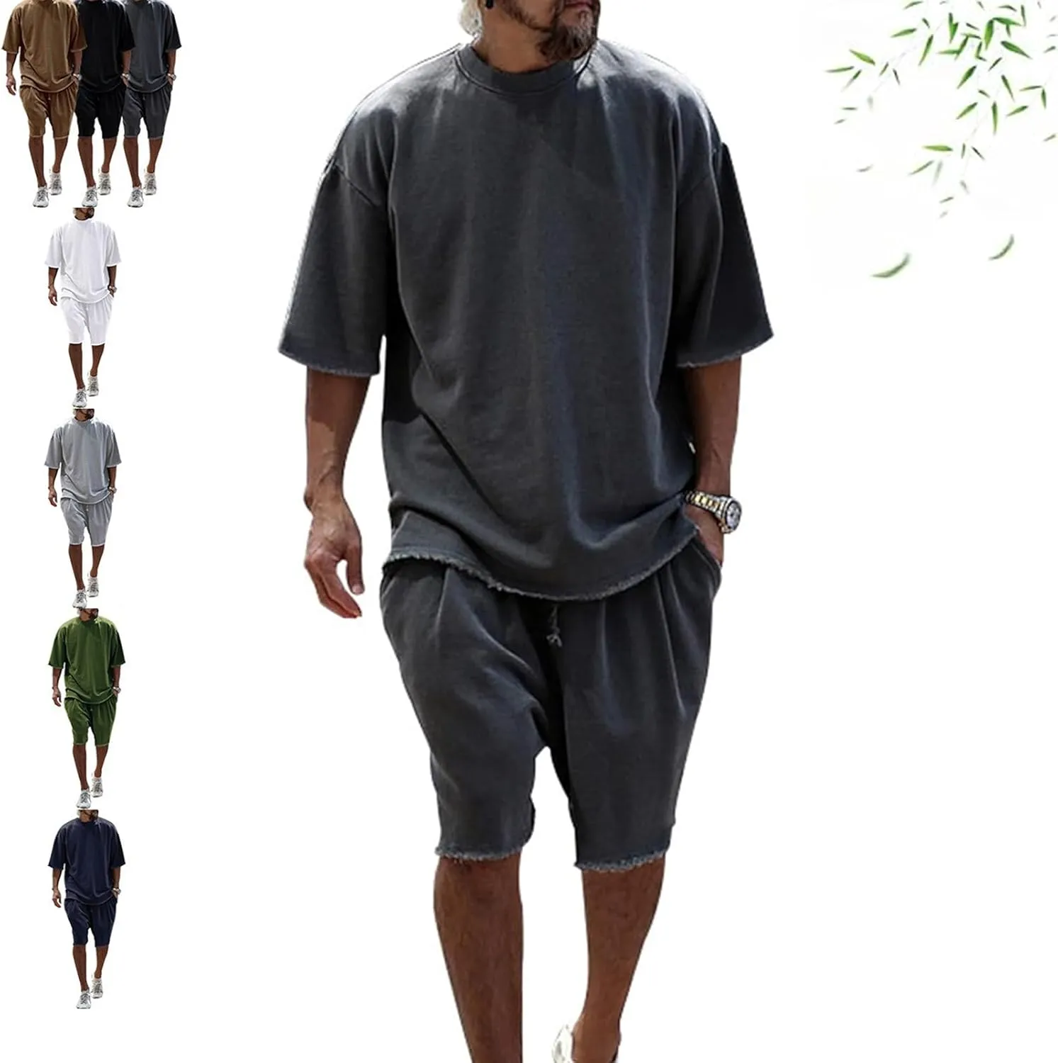 Casual Loose Fit Solid Sports Sets for Men, Summer Short Sleeve Crew Neck T-Shirt Drawstring Jogging Shorts Sets