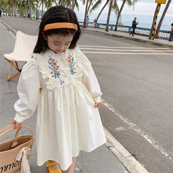 Dress A-line Knee Length O-neck Collar Pullover Print Embroidery Floral Sweet Lovely Cute Fashion Comfortable Casual Autumn Girl