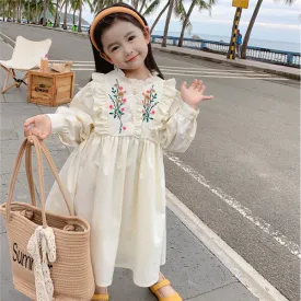 Dress A-line Knee Length O-neck Collar Pullover Print Embroidery Floral Sweet Lovely Cute Fashion Comfortable Casual Autumn Girl