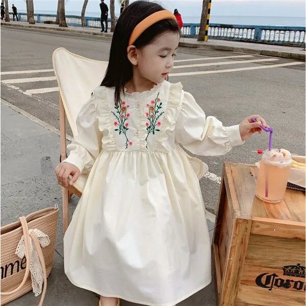 Dress A-line Knee Length O-neck Collar Pullover Print Embroidery Floral Sweet Lovely Cute Fashion Comfortable Casual Autumn Girl