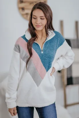 Good Old Memories 1/4 Zip Up Long Sleeve Teddy Top in White