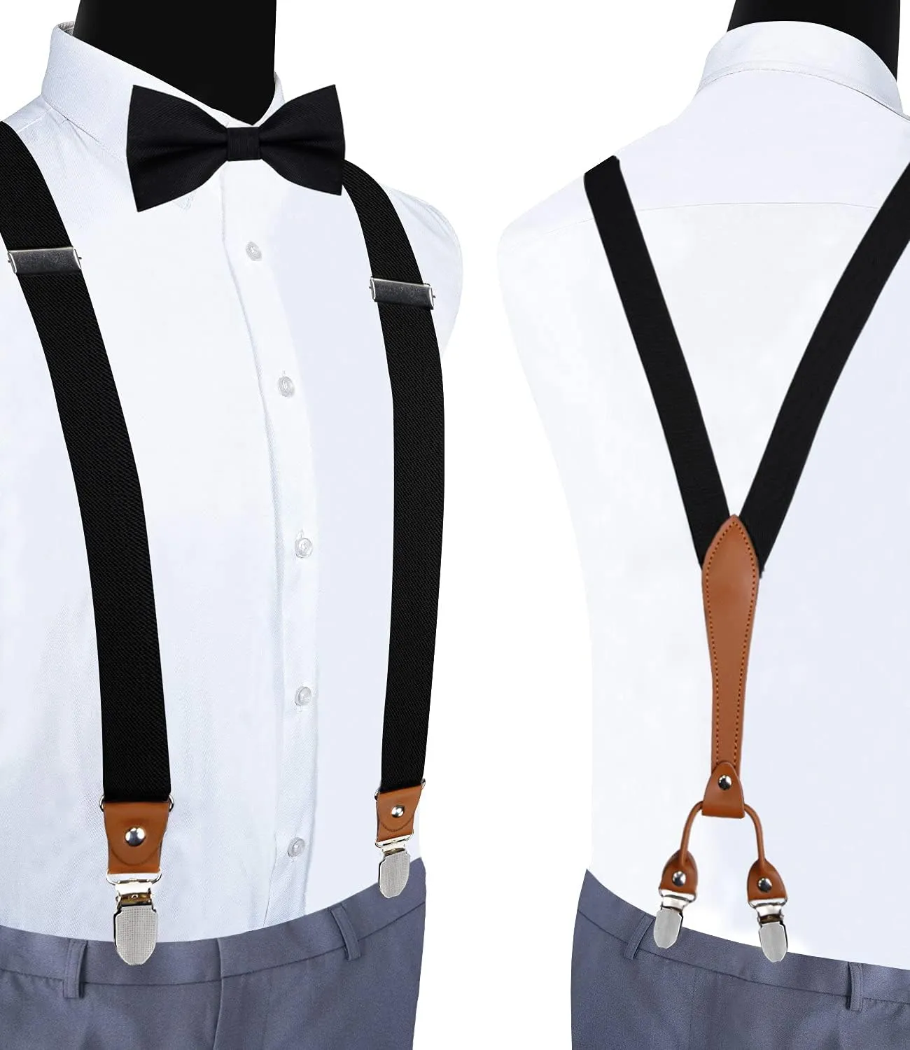 GUSLESON Suspenders & Bowtie Set Men's Elastic Band Suspenders   Bowtie for Wedding, Formal Events