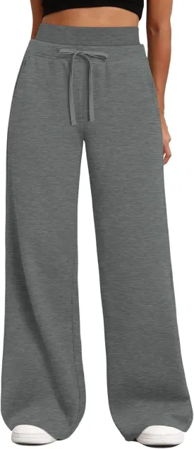 HeSaYep Women's Wide Leg Sweatpants Double Waisted Baggy Sweat Pants with Pockets