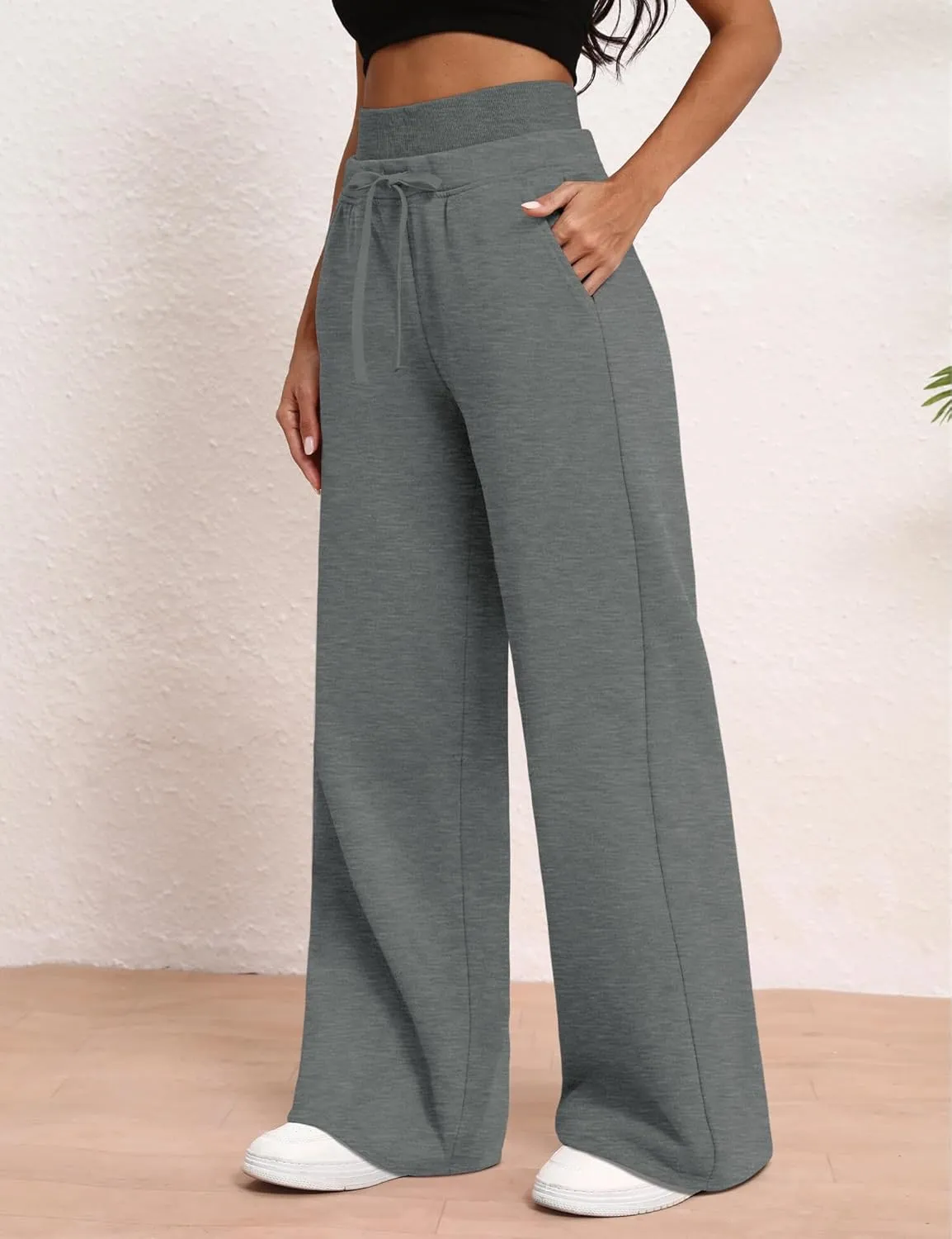 HeSaYep Women's Wide Leg Sweatpants Double Waisted Baggy Sweat Pants with Pockets