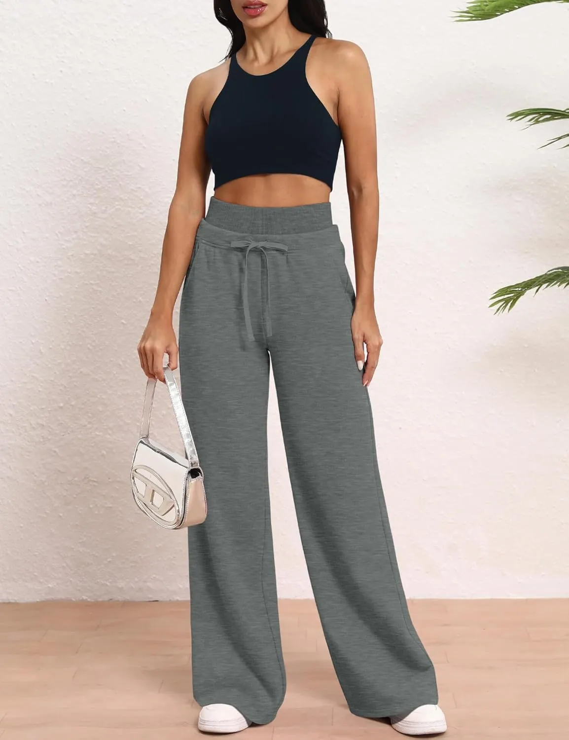 HeSaYep Women's Wide Leg Sweatpants Double Waisted Baggy Sweat Pants with Pockets