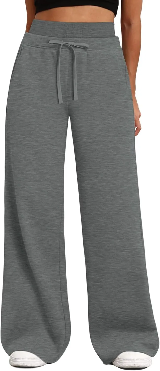 HeSaYep Women's Wide Leg Sweatpants Double Waisted Baggy Sweat Pants with Pockets