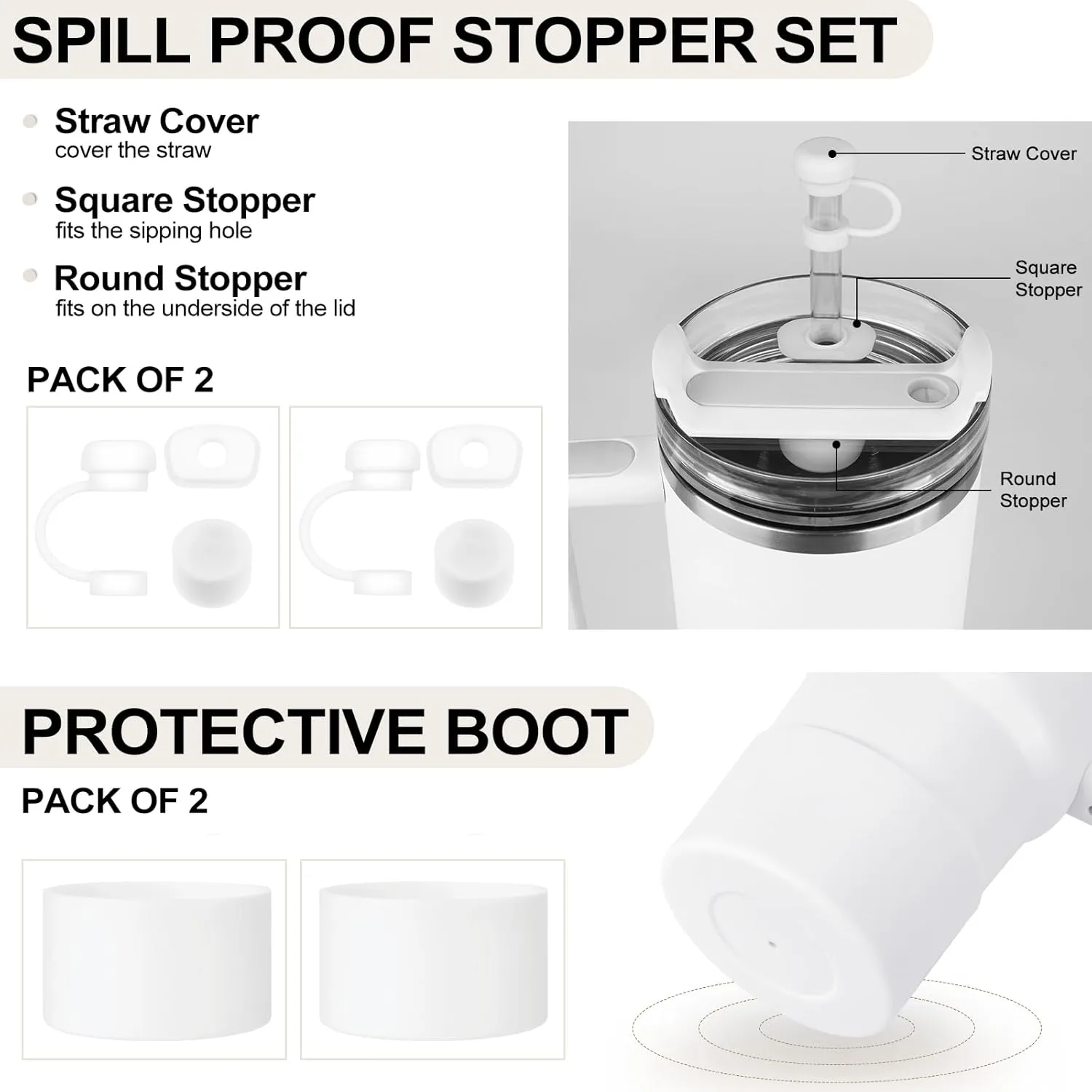 HYZ 8 Piece Accessories for Stanley Cup, Silicone Spill Proof Stopper Set and Protective Boot Including Straw Cover Cap for Stanley H2.0 20oz 30oz 40oz Tumbler, Frost