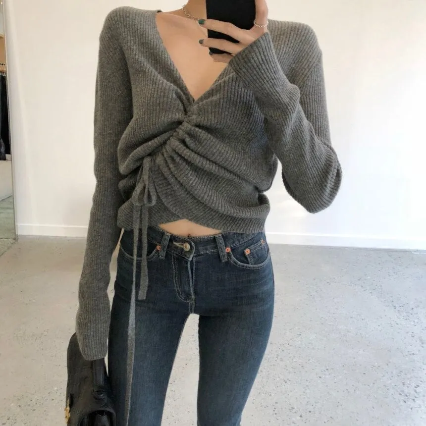 Lace-up knitted oversize Crop Top Loose Long Sleeve