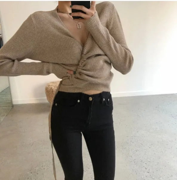 Lace-up knitted oversize Crop Top Loose Long Sleeve