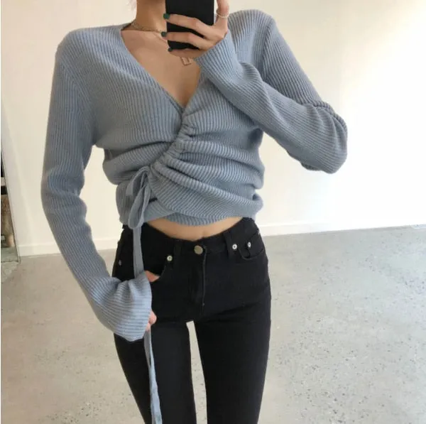 Lace-up knitted oversize Crop Top Loose Long Sleeve
