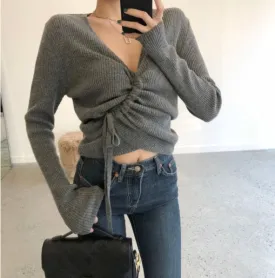 Lace-up knitted oversize Crop Top Loose Long Sleeve