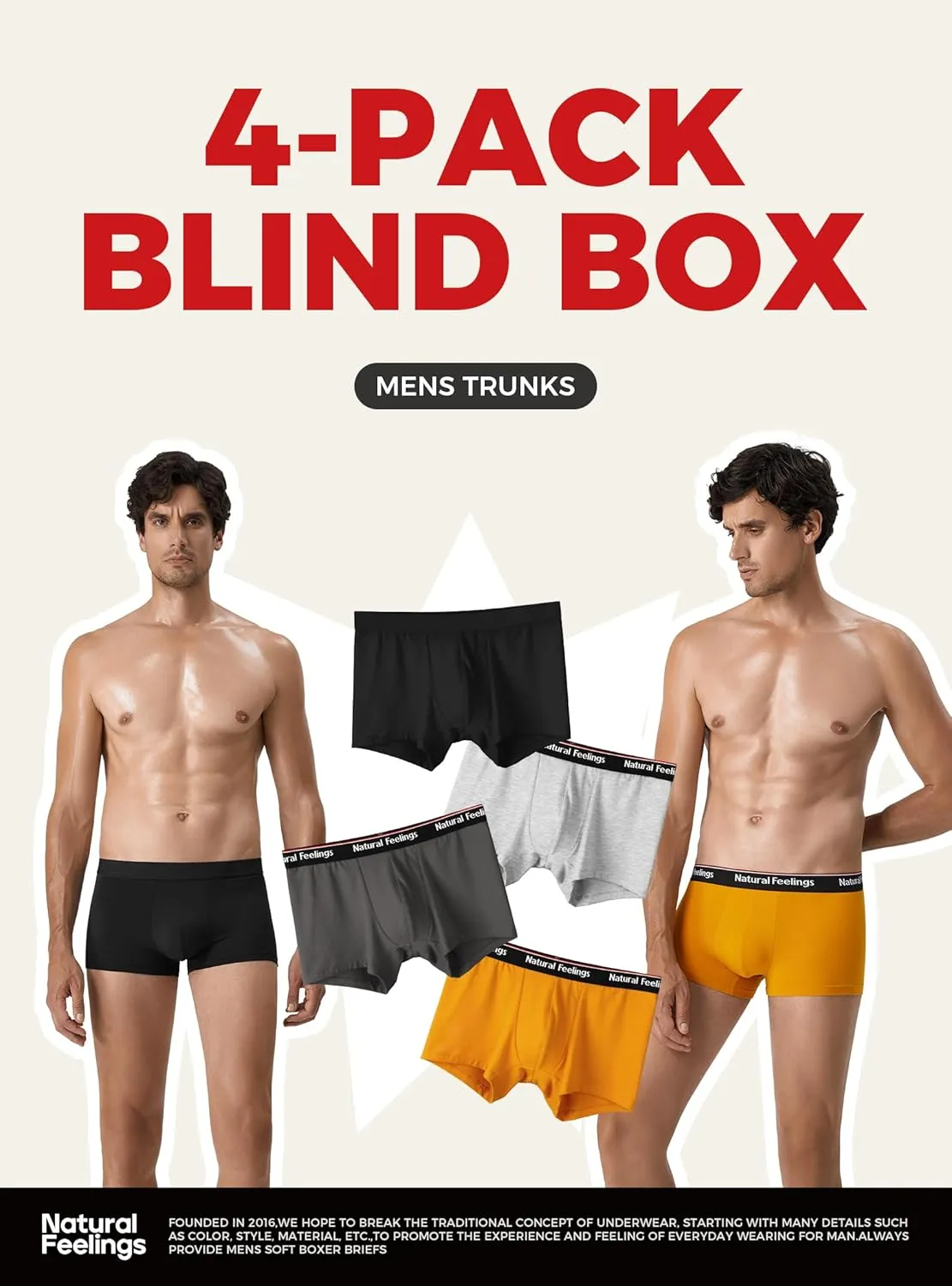 Natural Feelings Mens Underwear Boxer Briefs Pouch Trunks Underwear for Men 1.5" No Fly Boxer Trunks 4-Pack