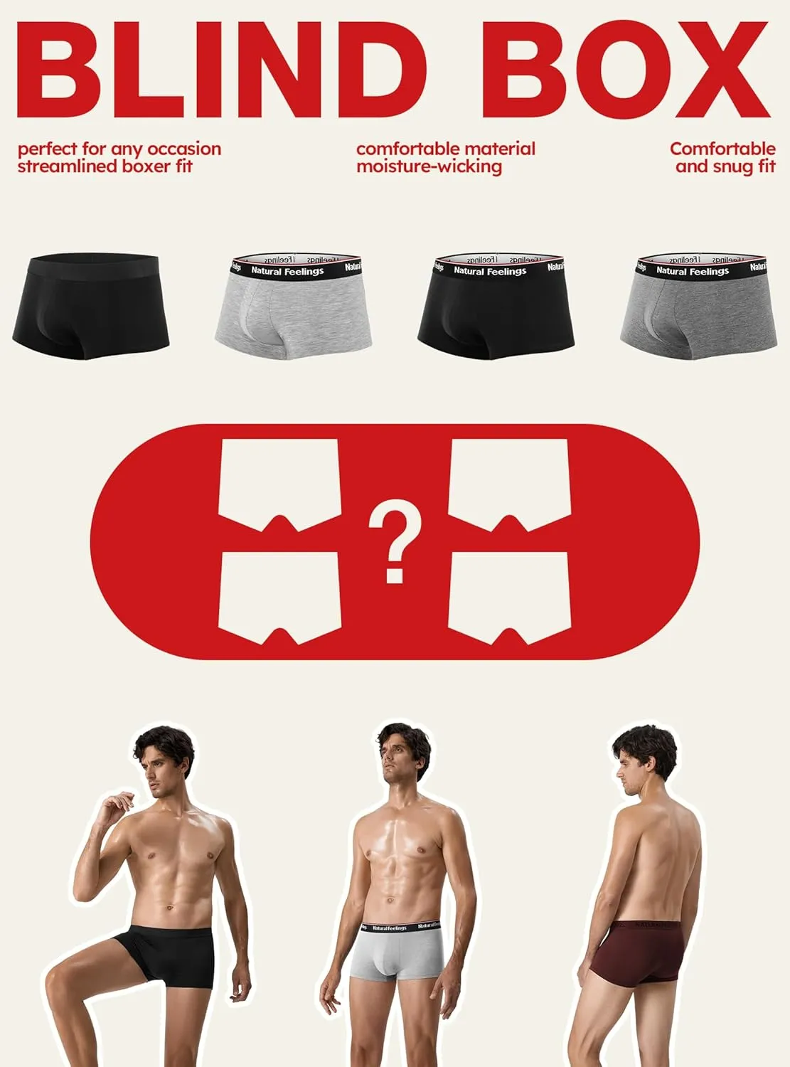 Natural Feelings Mens Underwear Boxer Briefs Pouch Trunks Underwear for Men 1.5" No Fly Boxer Trunks 4-Pack