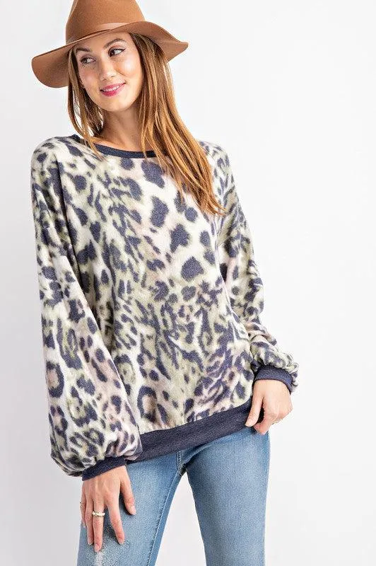"Green Eyed Jungle Cat" Animal Print Bubble Sleeve Top