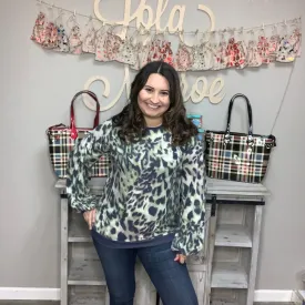 "Green Eyed Jungle Cat" Animal Print Bubble Sleeve Top