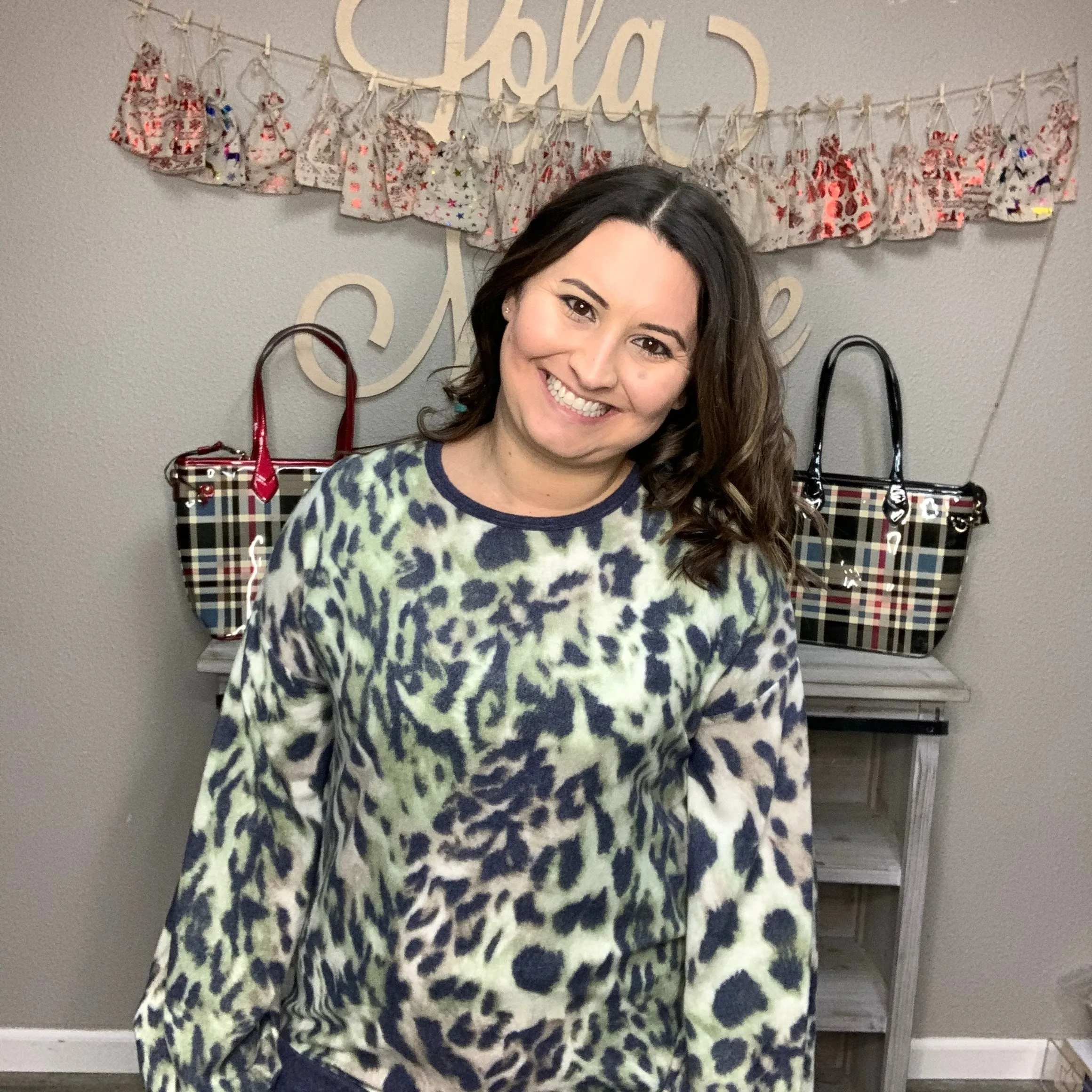 "Green Eyed Jungle Cat" Animal Print Bubble Sleeve Top