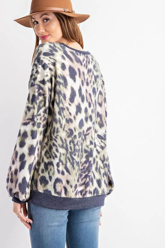 "Green Eyed Jungle Cat" Animal Print Bubble Sleeve Top