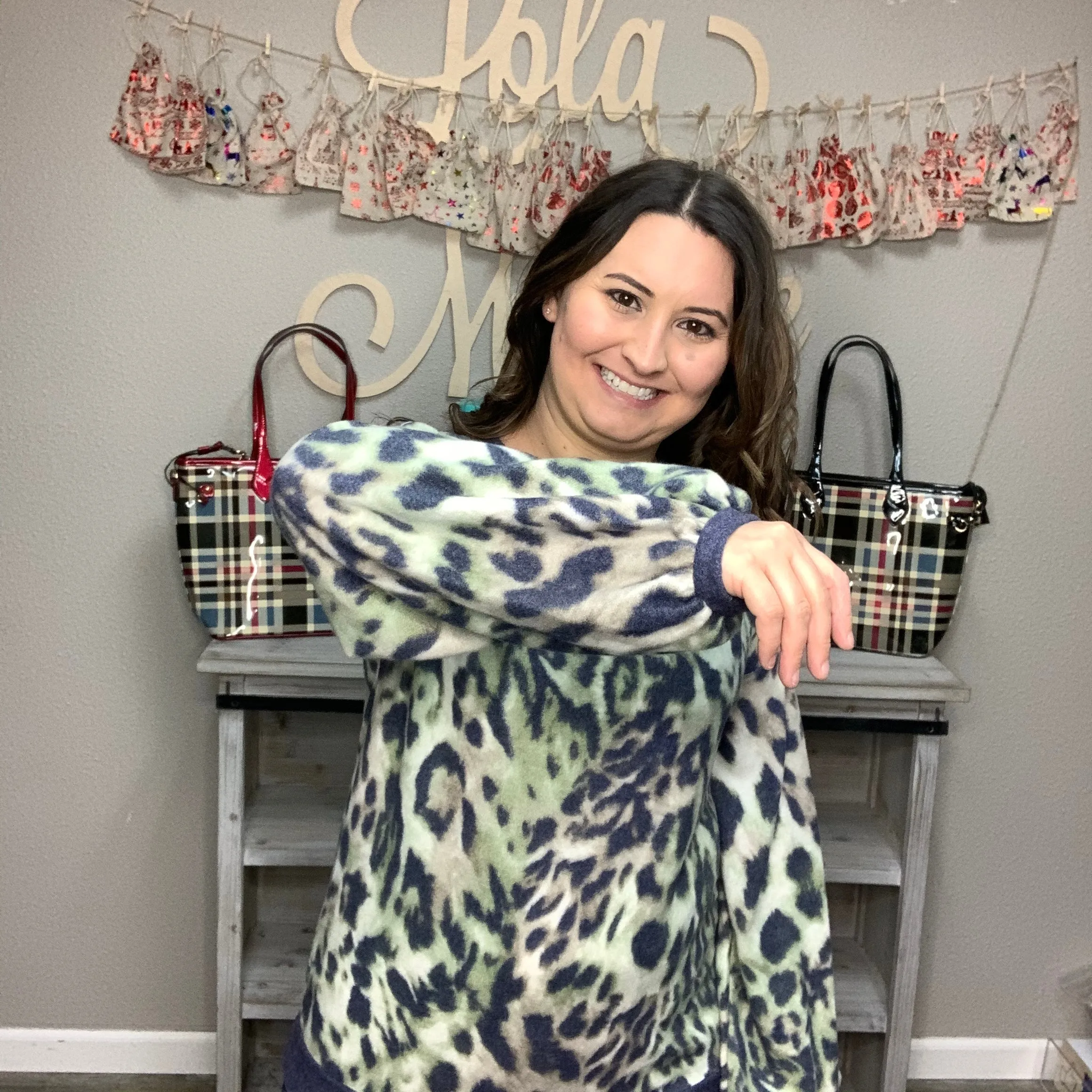 "Green Eyed Jungle Cat" Animal Print Bubble Sleeve Top