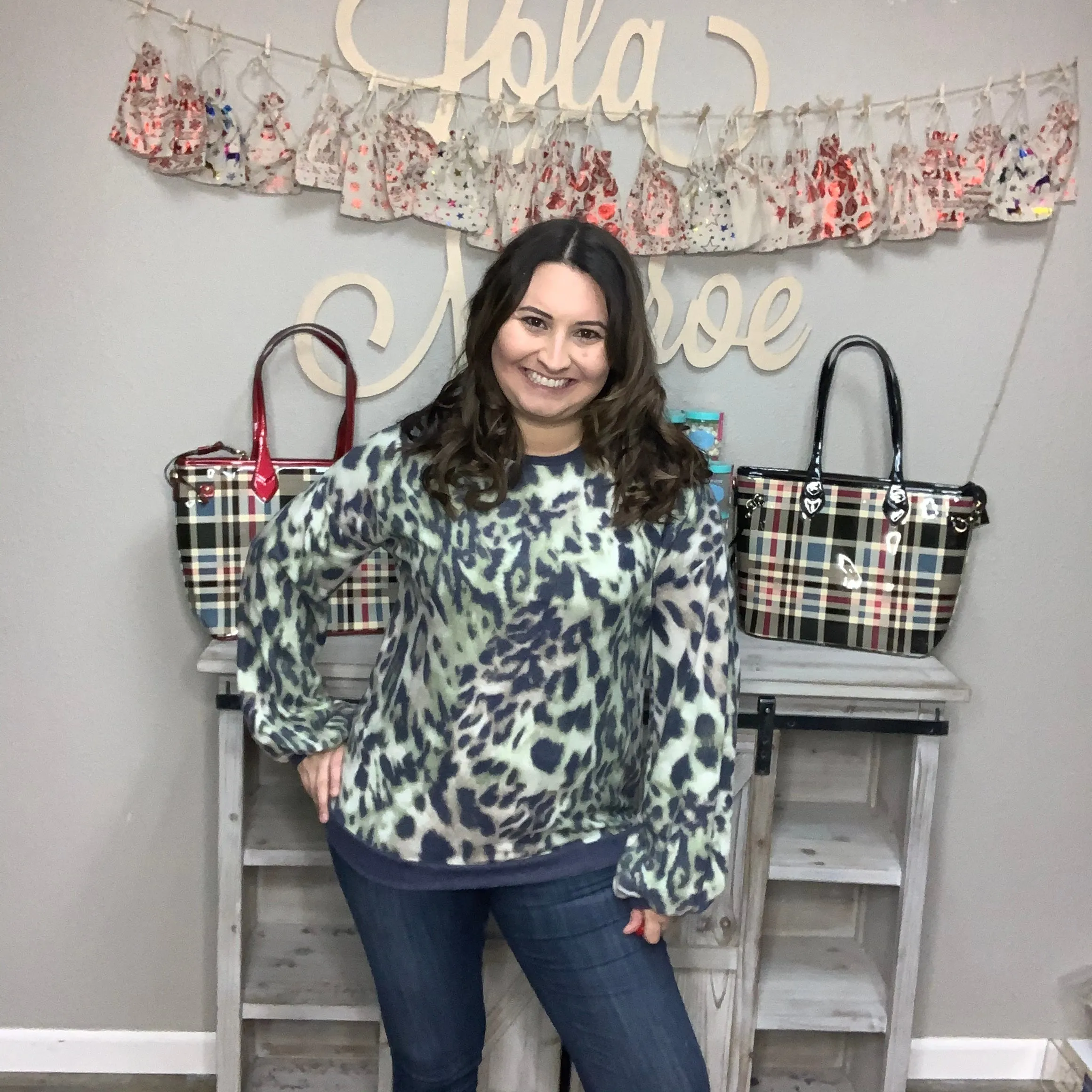 "Green Eyed Jungle Cat" Animal Print Bubble Sleeve Top
