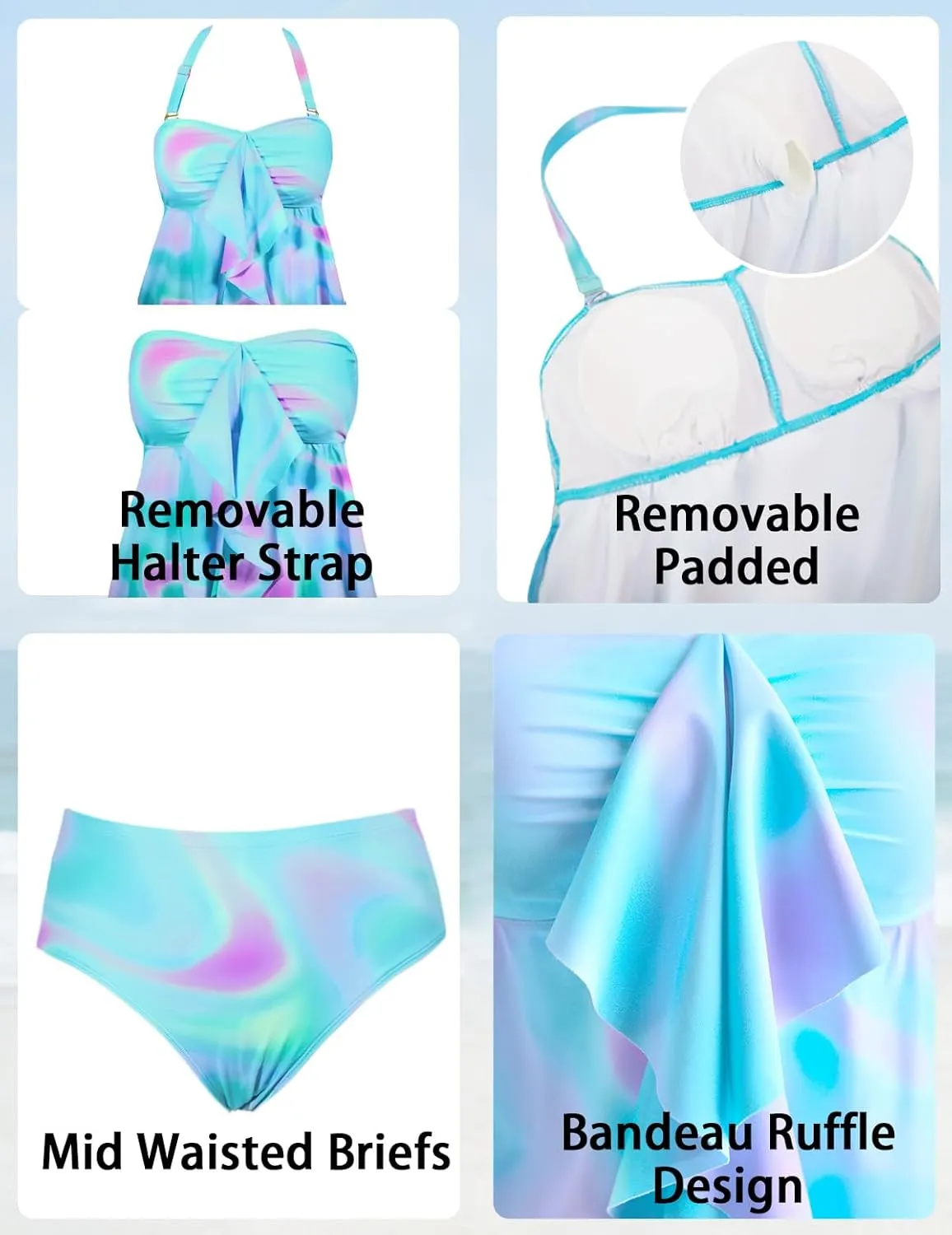 ROSEWE Two Piece Tankini Bathing Suits for Women, Removable Halter Flyaway Swimsuits, Bandeau Top with Briefs