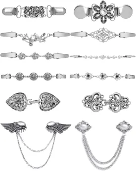 Tornito 12pcs Vintage Sweater Shawl Clips Retro Cardigan Collar Shirt Waist Dresses Chain Clip Antique Flowers Pattern Brooch Pins for Women