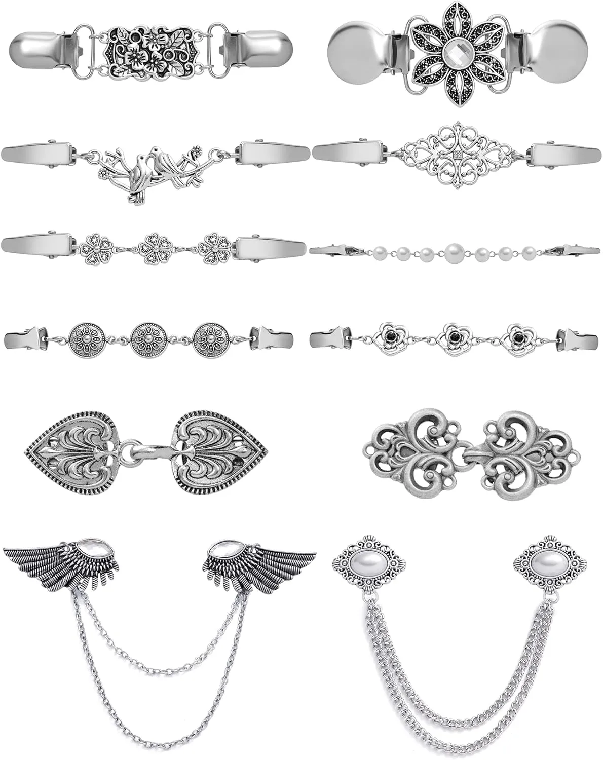 Tornito 12pcs Vintage Sweater Shawl Clips Retro Cardigan Collar Shirt Waist Dresses Chain Clip Antique Flowers Pattern Brooch Pins for Women