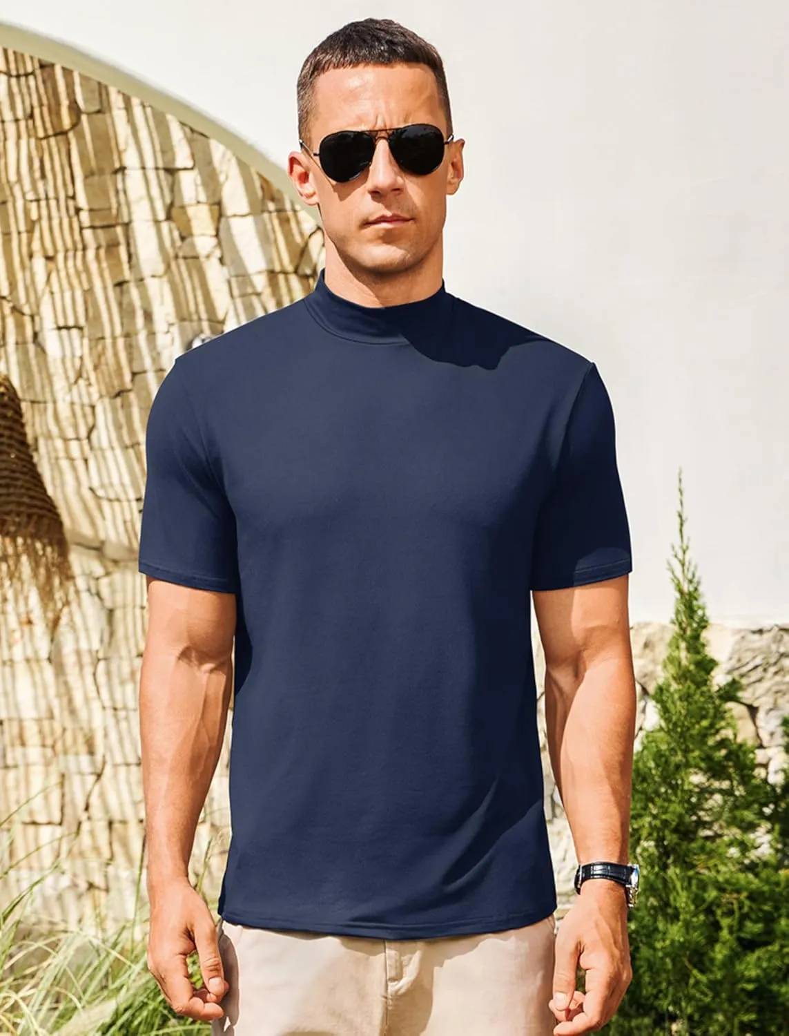Vssjavun Men's Mock Turtleneck T Shirt Short Sleeve Soft Casual Pullover Top Slim fit Solid Basic Undershirts