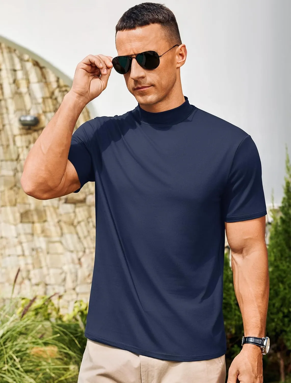 Vssjavun Men's Mock Turtleneck T Shirt Short Sleeve Soft Casual Pullover Top Slim fit Solid Basic Undershirts