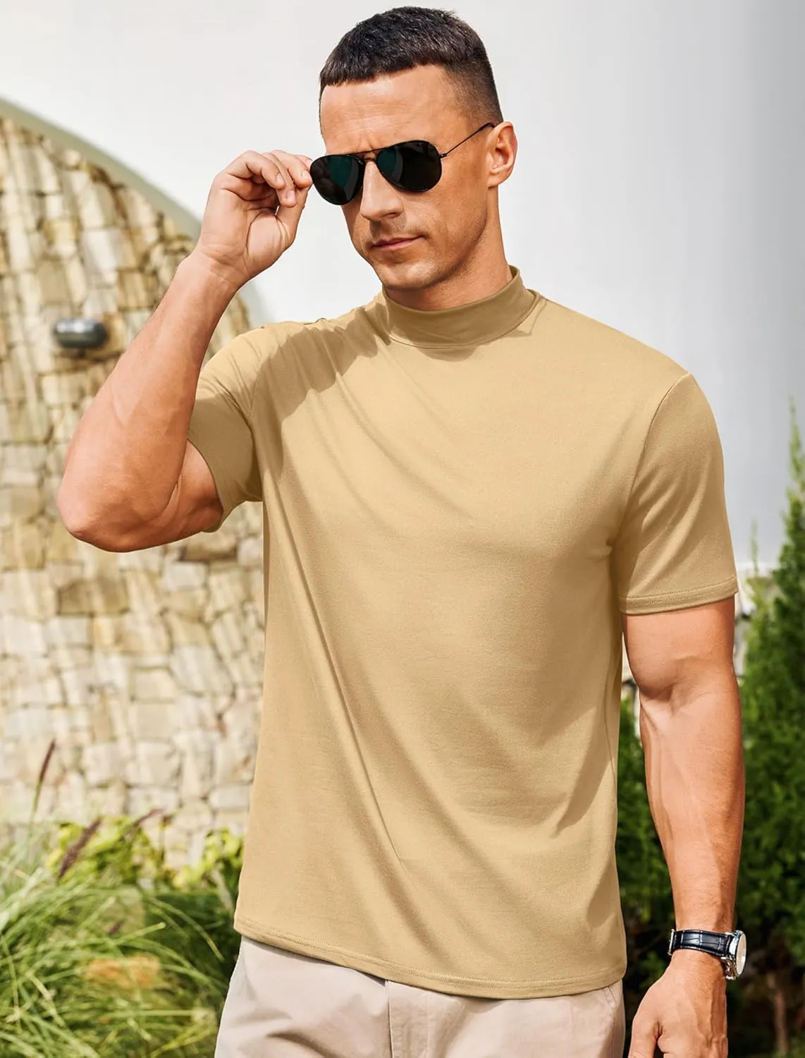 Vssjavun Men's Mock Turtleneck T Shirt Short Sleeve Soft Casual Pullover Top Slim fit Solid Basic Undershirts