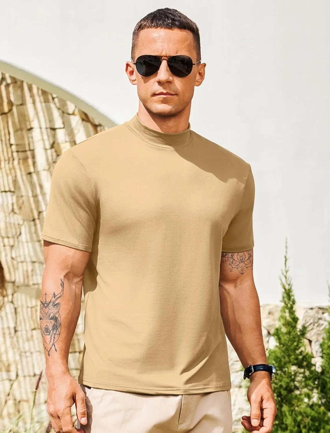 Vssjavun Men's Mock Turtleneck T Shirt Short Sleeve Soft Casual Pullover Top Slim fit Solid Basic Undershirts