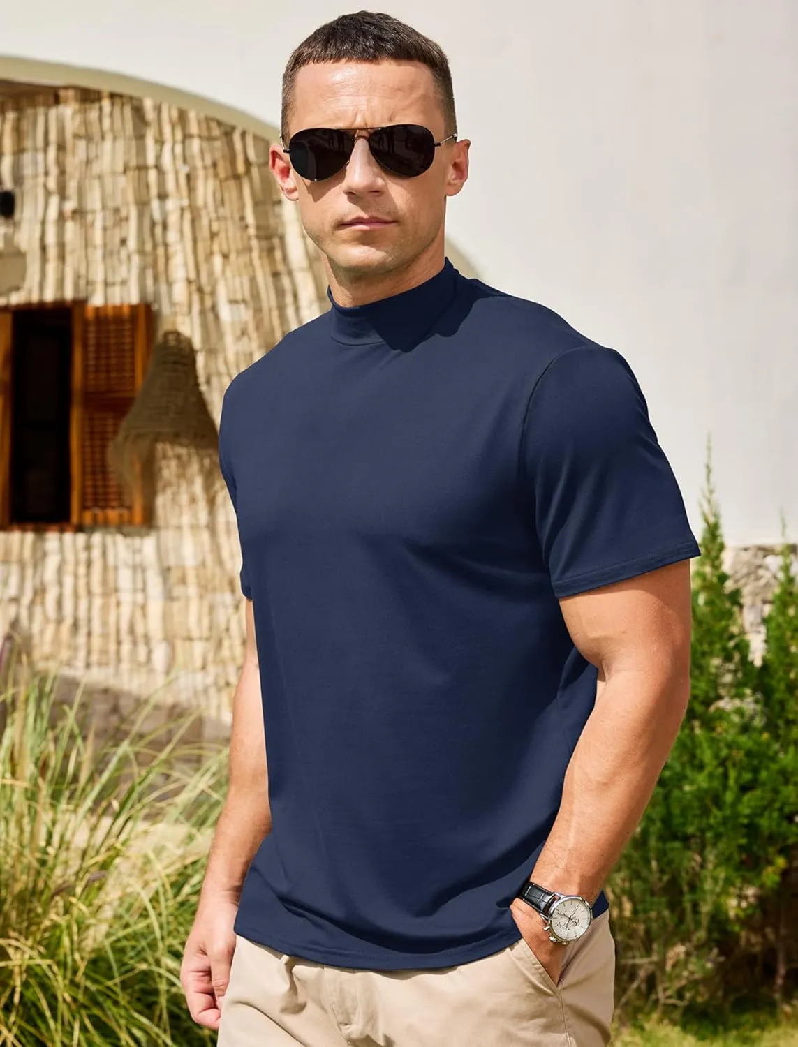 Vssjavun Men's Mock Turtleneck T Shirt Short Sleeve Soft Casual Pullover Top Slim fit Solid Basic Undershirts