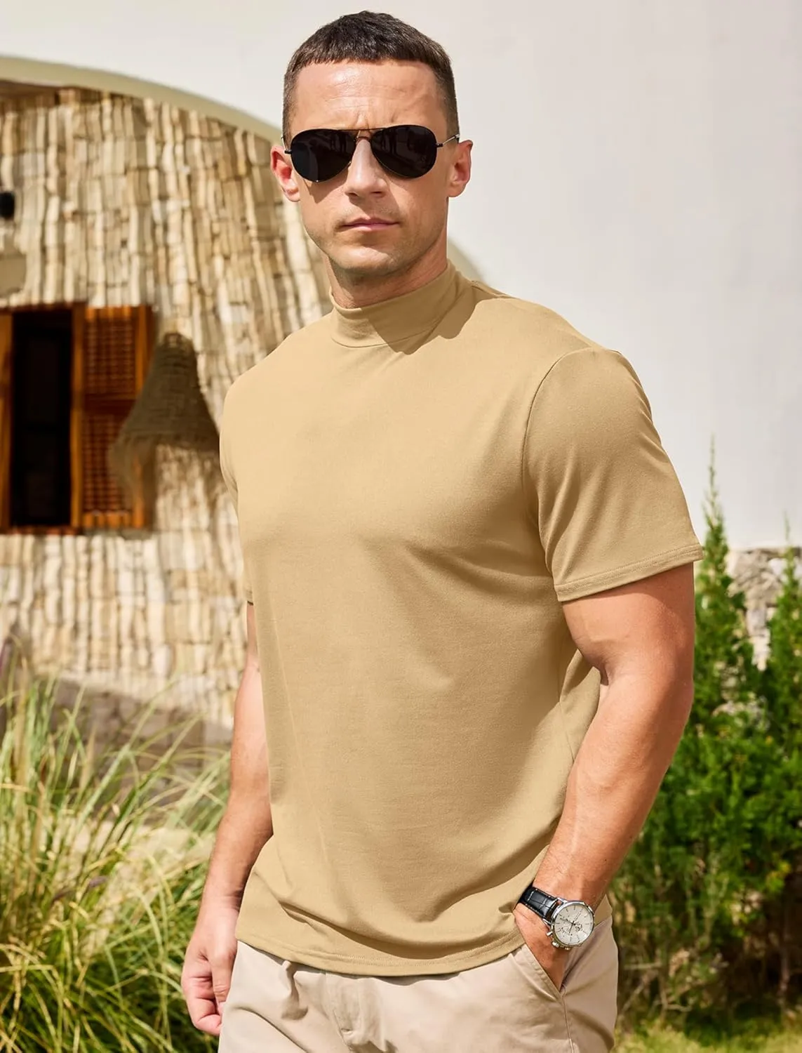 Vssjavun Men's Mock Turtleneck T Shirt Short Sleeve Soft Casual Pullover Top Slim fit Solid Basic Undershirts