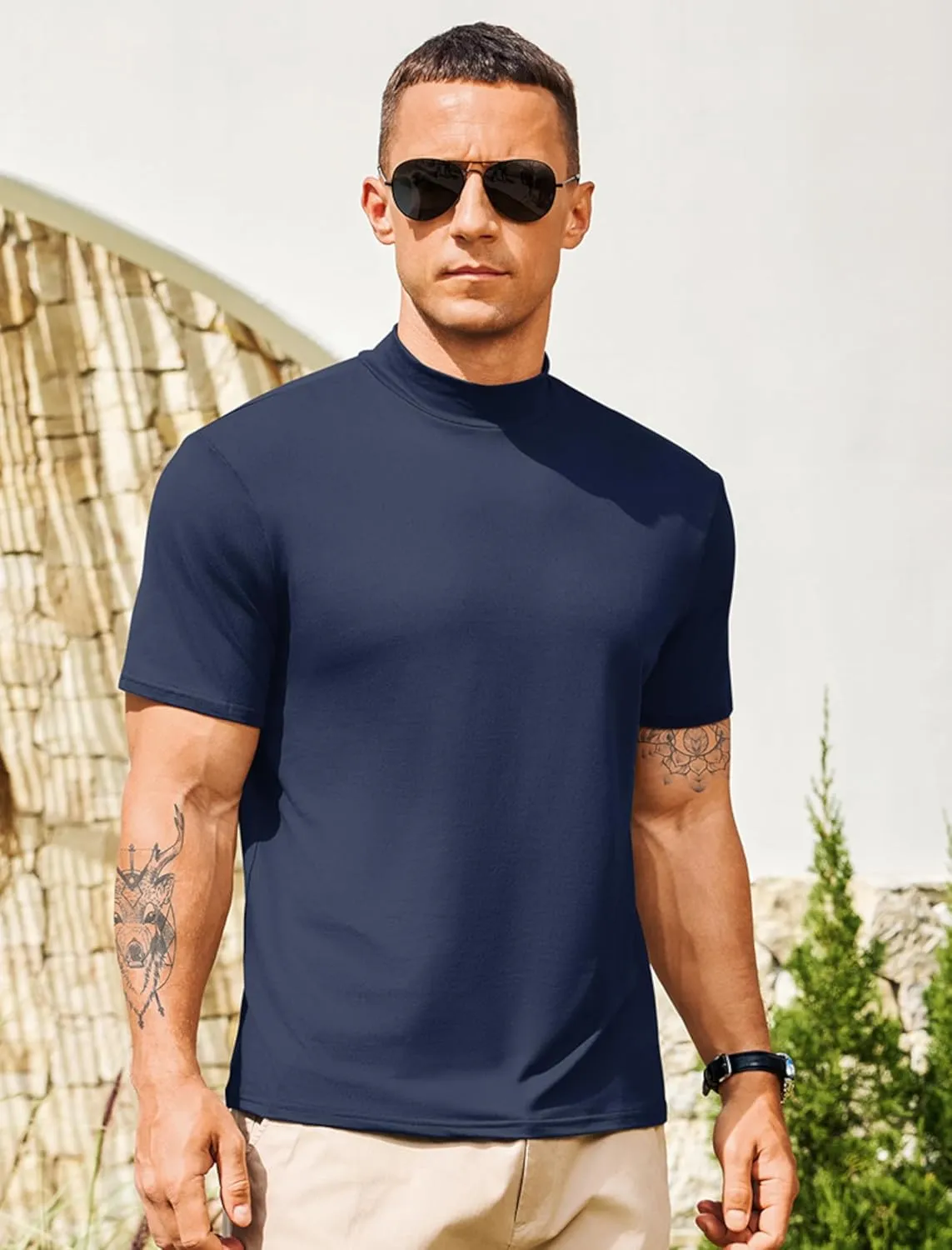 Vssjavun Men's Mock Turtleneck T Shirt Short Sleeve Soft Casual Pullover Top Slim fit Solid Basic Undershirts